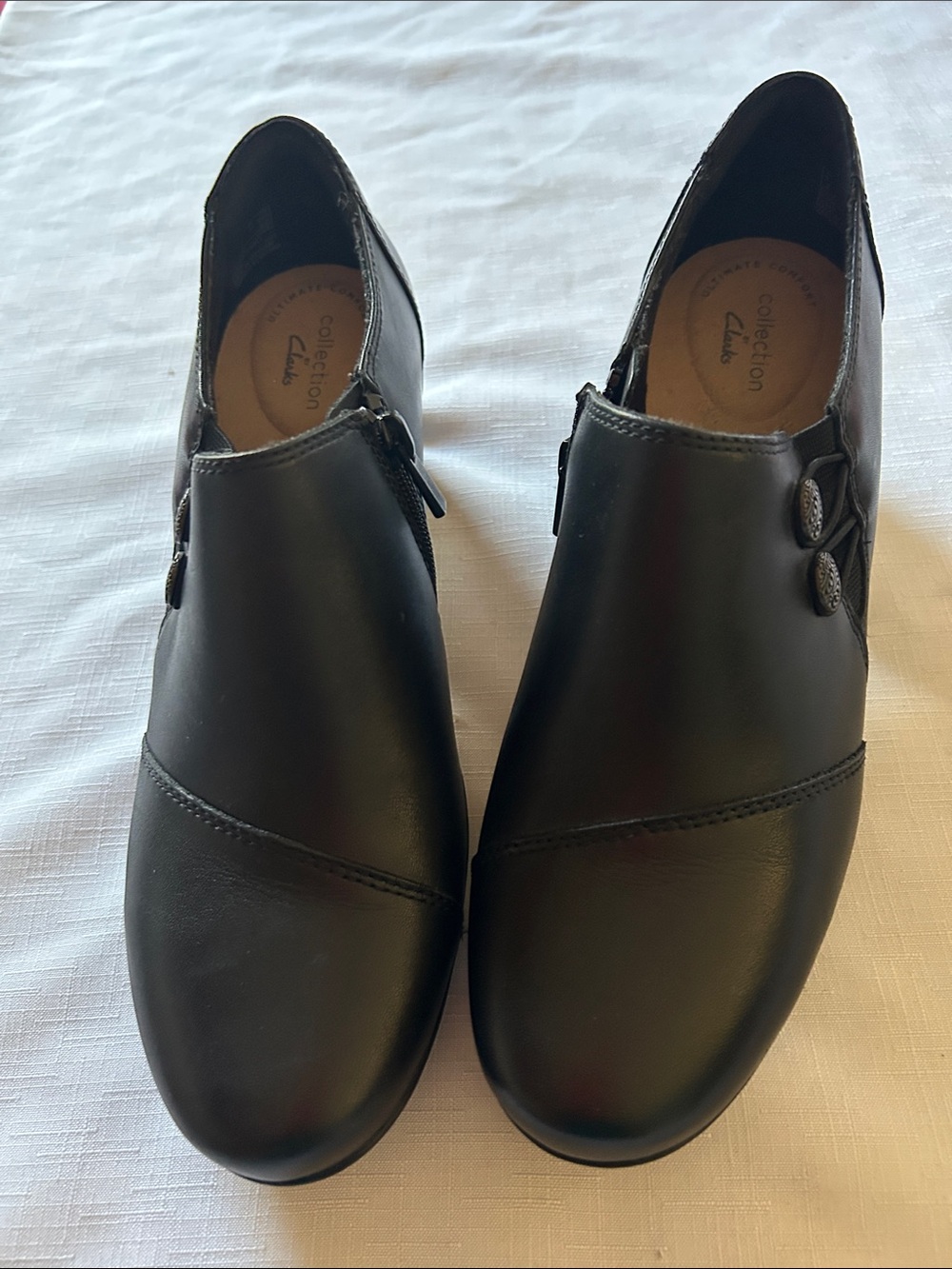 Clarks Black Leather Slip-On Loafers with Side Button Detail